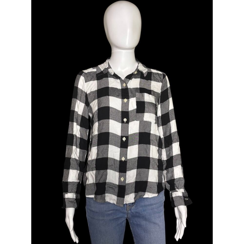 Style & Co Black White Plaid Flannel Long Sleeve Shirt Women Size Petite Small
